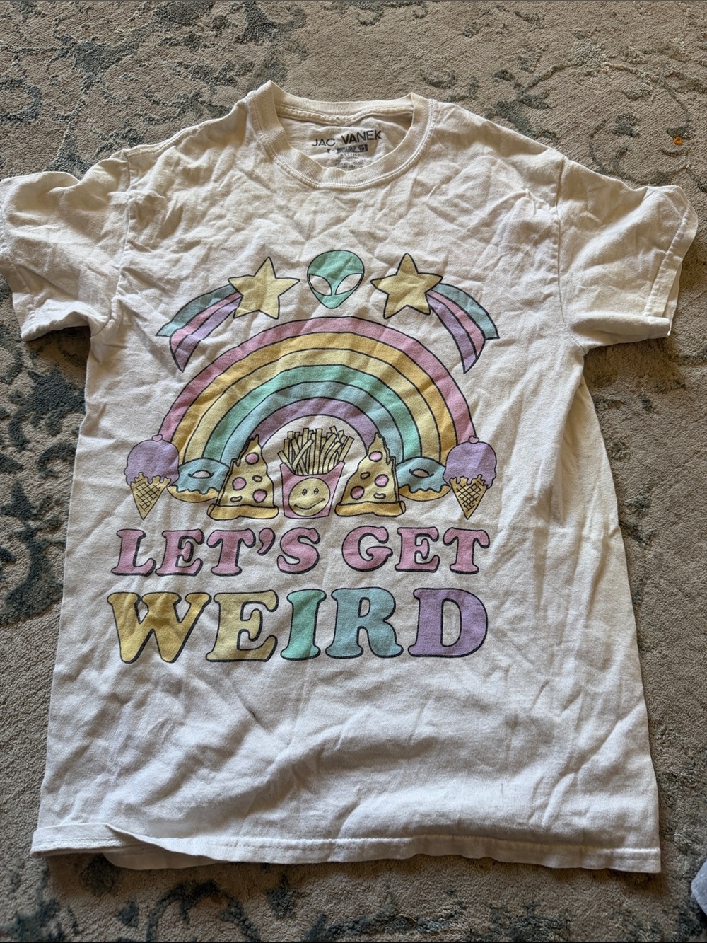 Jac Vanek White Tee with Pastel Rainbow 'Let's Get Weird' Graphic made in 🇺🇸